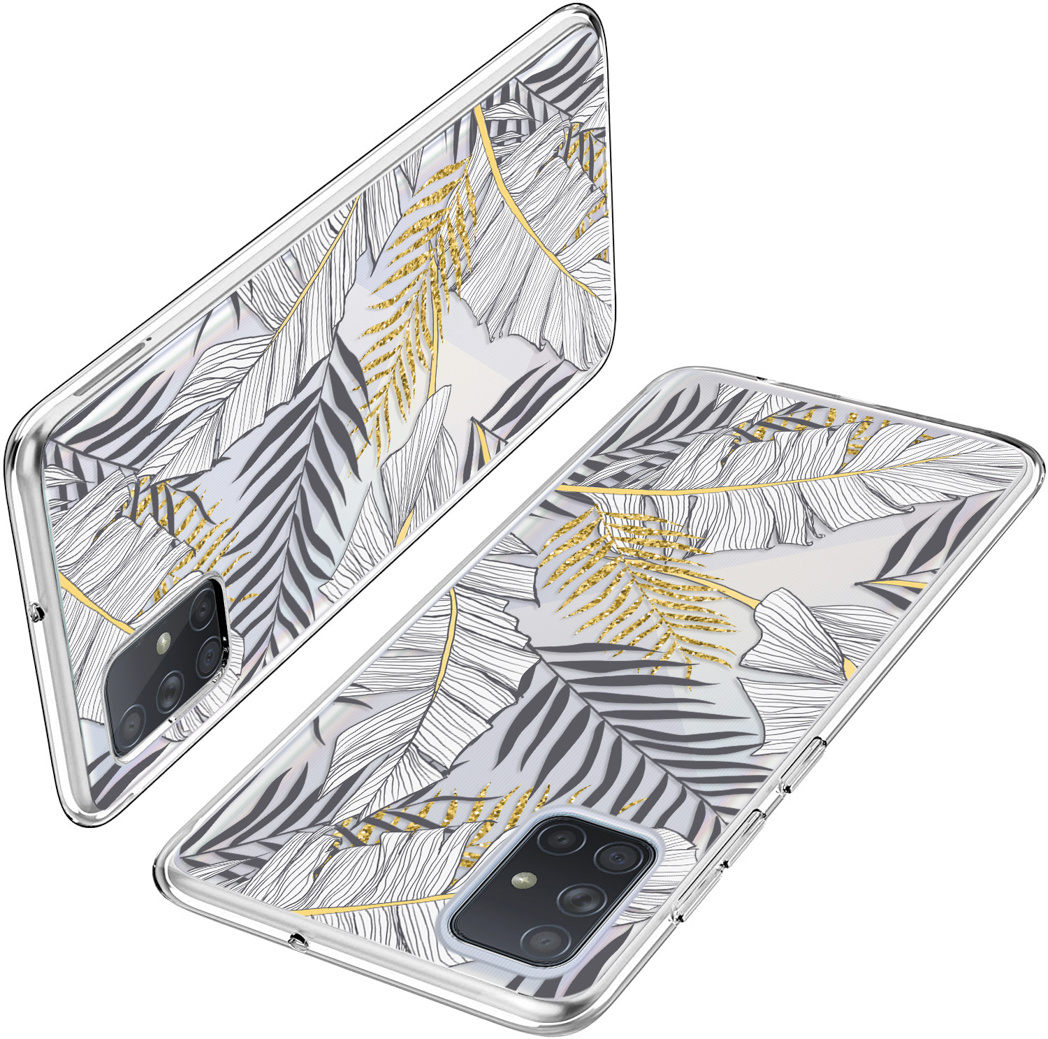 Telefoonhoesjes met bladontwerp. Witte en gouden kleuren. Transparante achtergrond.