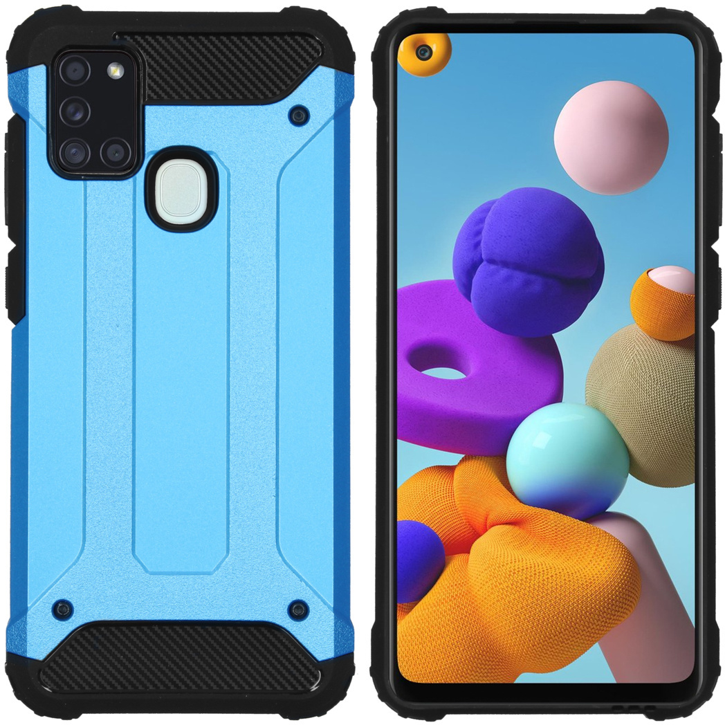Een telefoon en een telefoonhoesje. De telefoonhoes is blauw, met een zwart en blauw ontwerp.