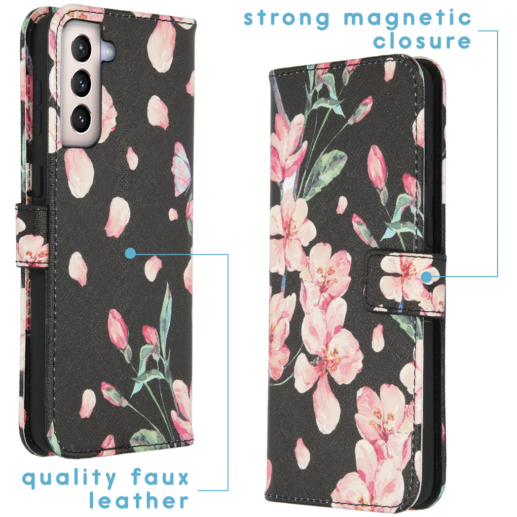 Étui de téléphone noir avec motif floral, ouvert et fermé. Caractéristiques : similicuir de qualité, fermeture magnétique solide.