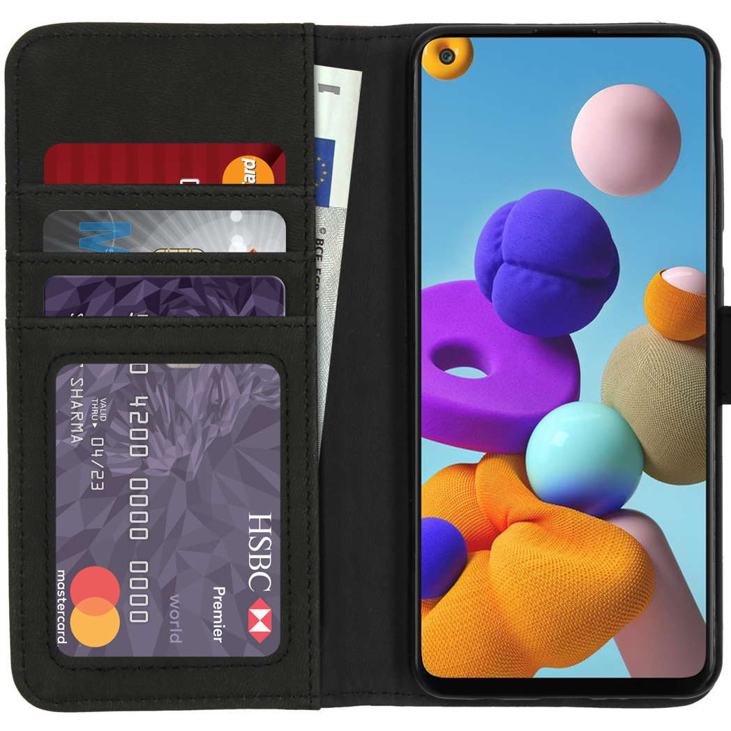 Étui de téléphone ouvert montrant des cartes de crédit. Téléphone bleu et orange. Cuir noir.