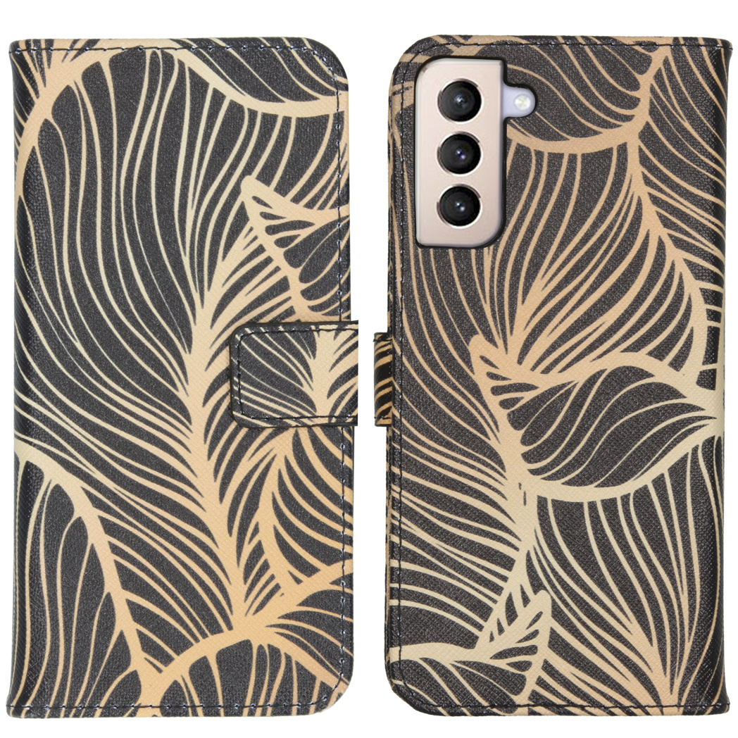 Étui portefeuille pour téléphone avec motif de feuilles, ouvert et fermé.