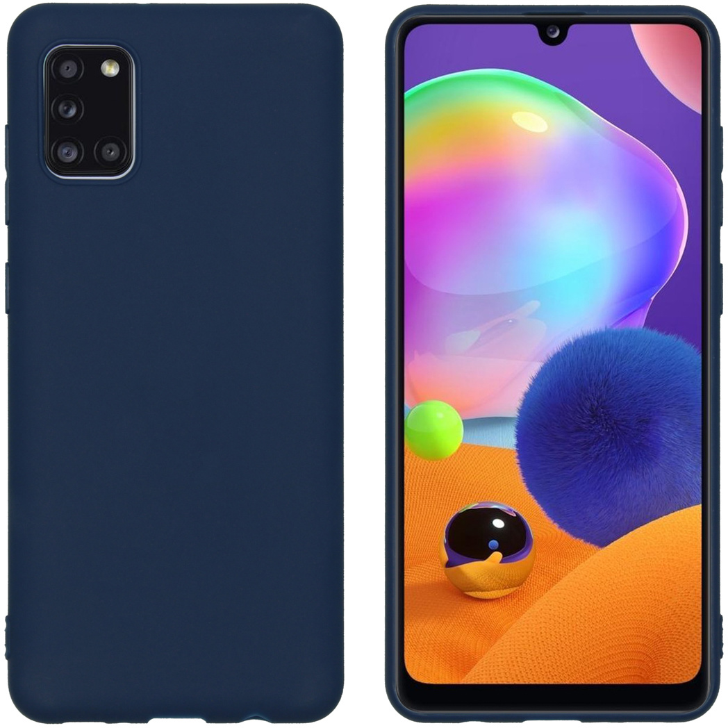 Marineblauwe telefoonhoes en telefoon rechts met kleurrijke vormen op het scherm.