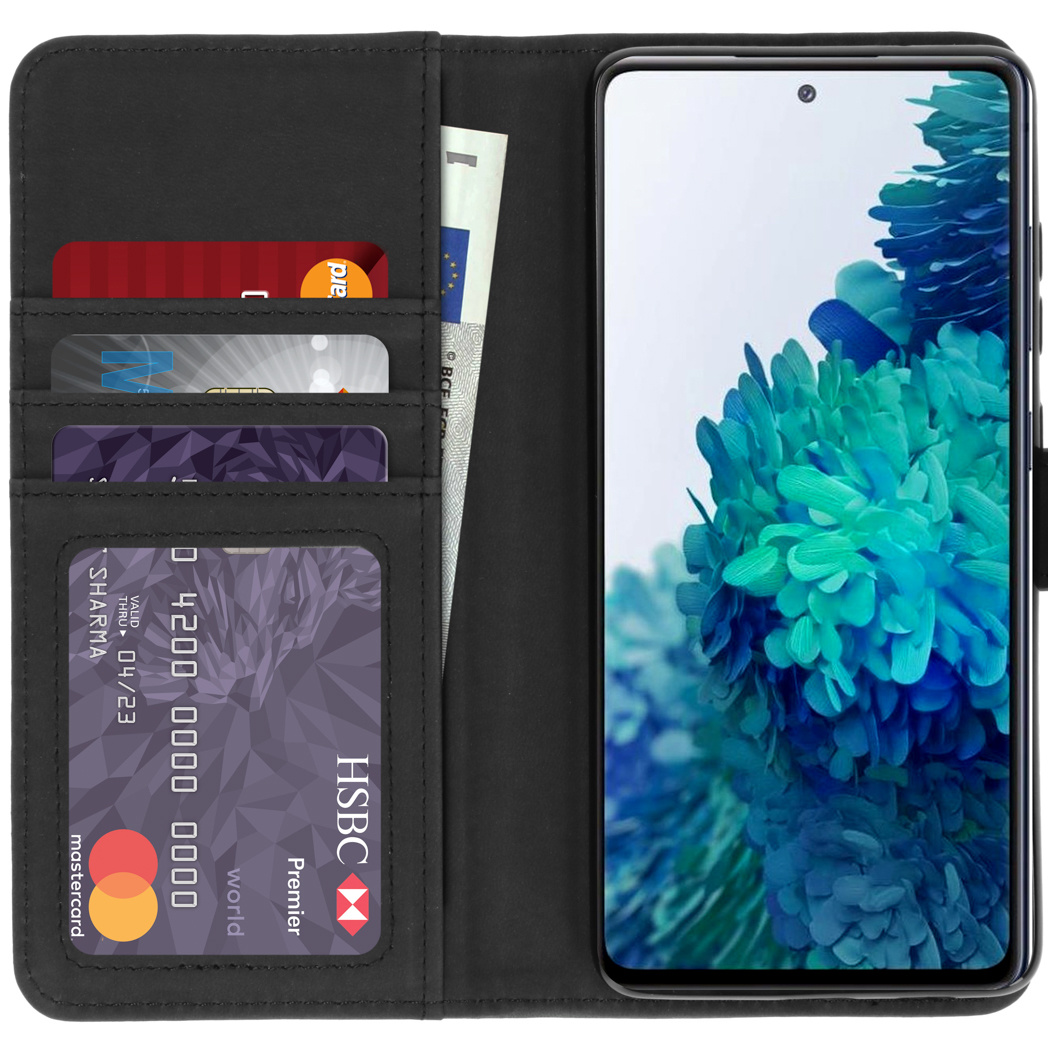 Coque de téléphone noire ouverte avec cartes et espèces, l'écran du téléphone affiche un graphique coloré.