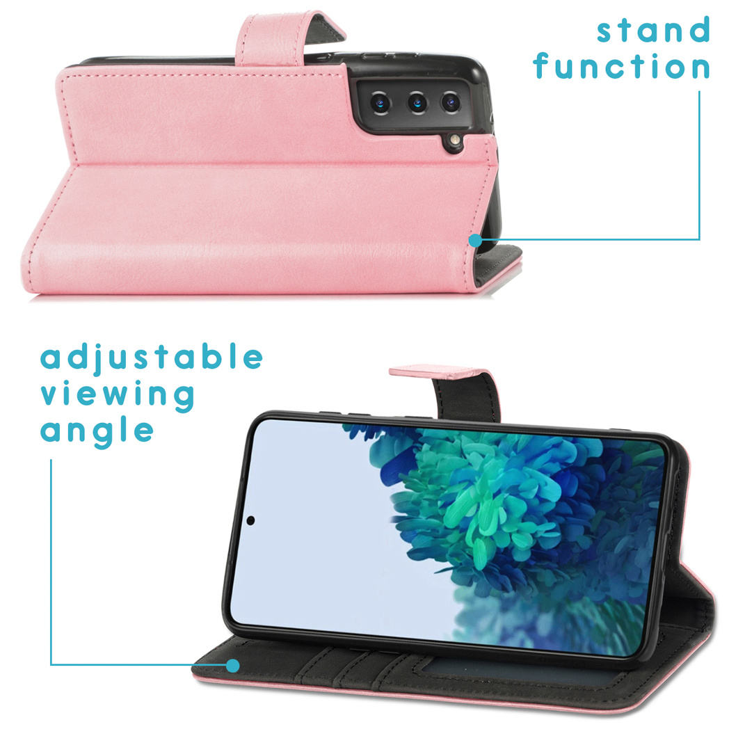 Étui de téléphone rose, ouvert, avec fonction de support et angle de vision réglable.