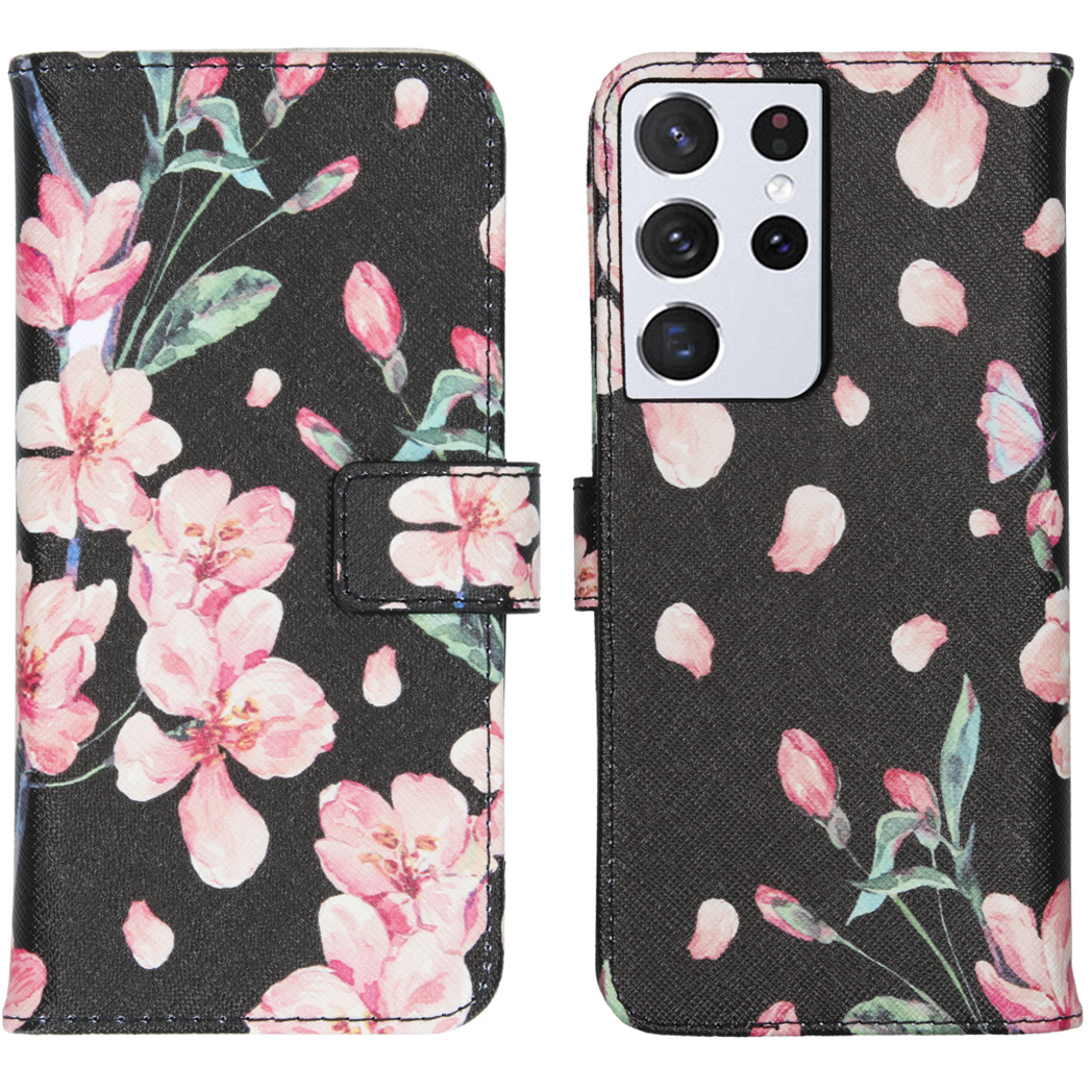 Een telefoonhoesje met een bloemenpatroon op een zwarte achtergrond. Een telefoon met een wit scherm is zichtbaar.