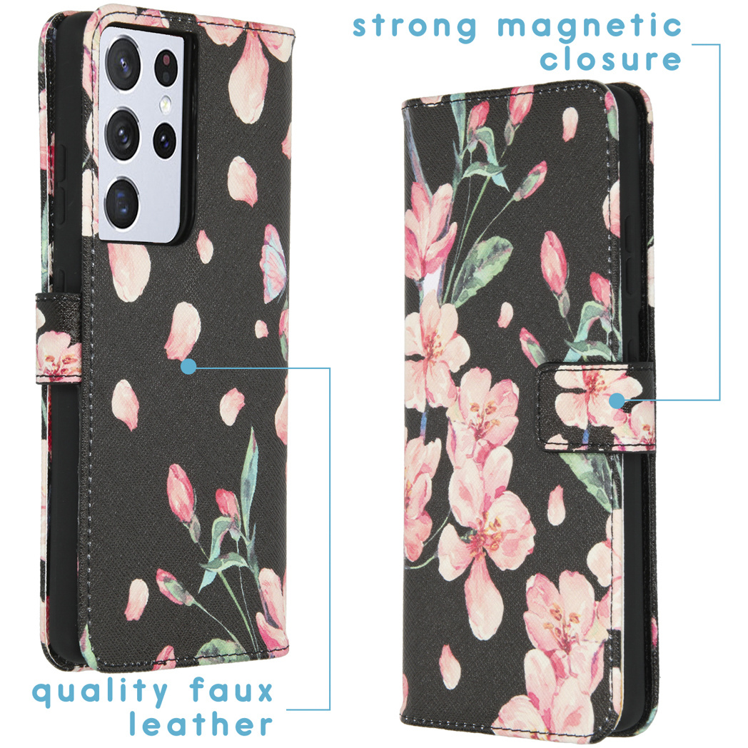 Zwarte telefoonhoes met bloemenontwerp, open en dicht. Kenmerken: kwaliteits kunstleer, sterke magnetische sluiting.