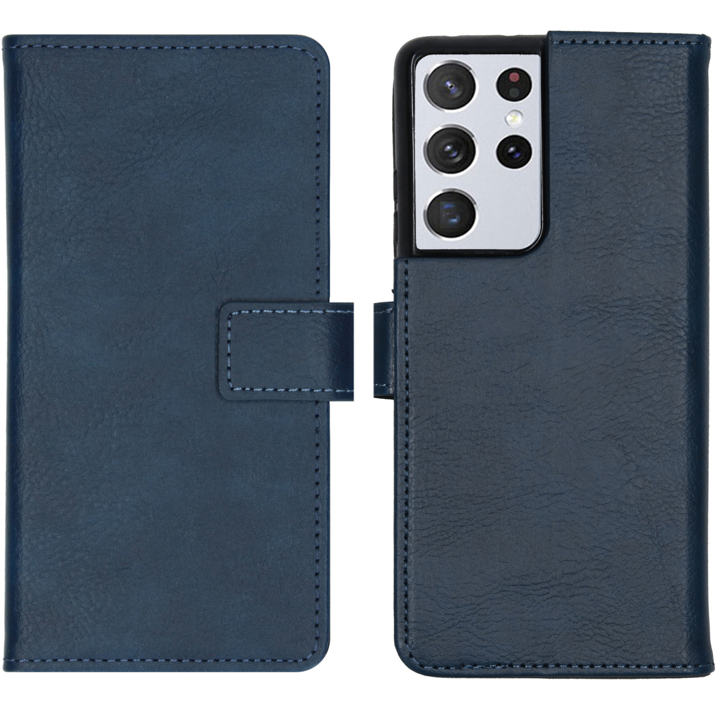 Blauwe leren telefoonhoes open, telefoon zichtbaar. Met magneetsluiting.