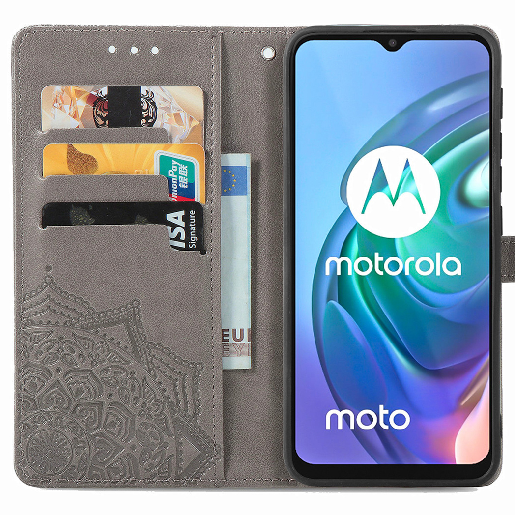 Custodia per telefono aperta con telefono dentro. Scomparti per carte. Logo Motorola.