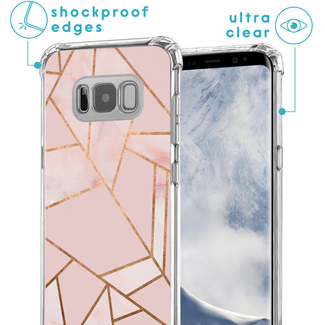 Coque de téléphone avec un design géométrique rose et or. A des bords antichocs et est ultra claire.