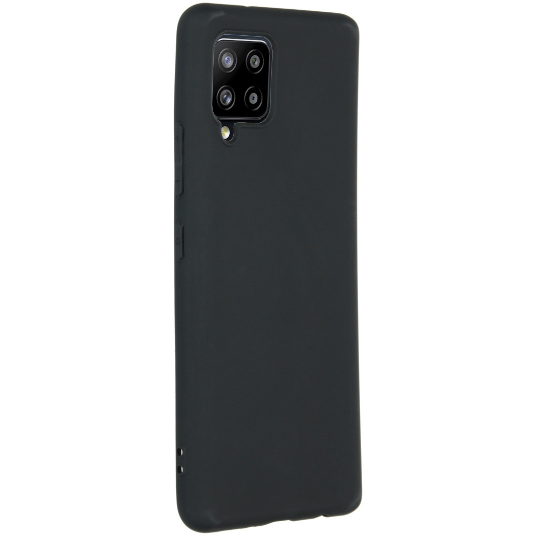 Custodia per telefono nera, vista posteriore. Con fori per fotocamera e pulsanti.