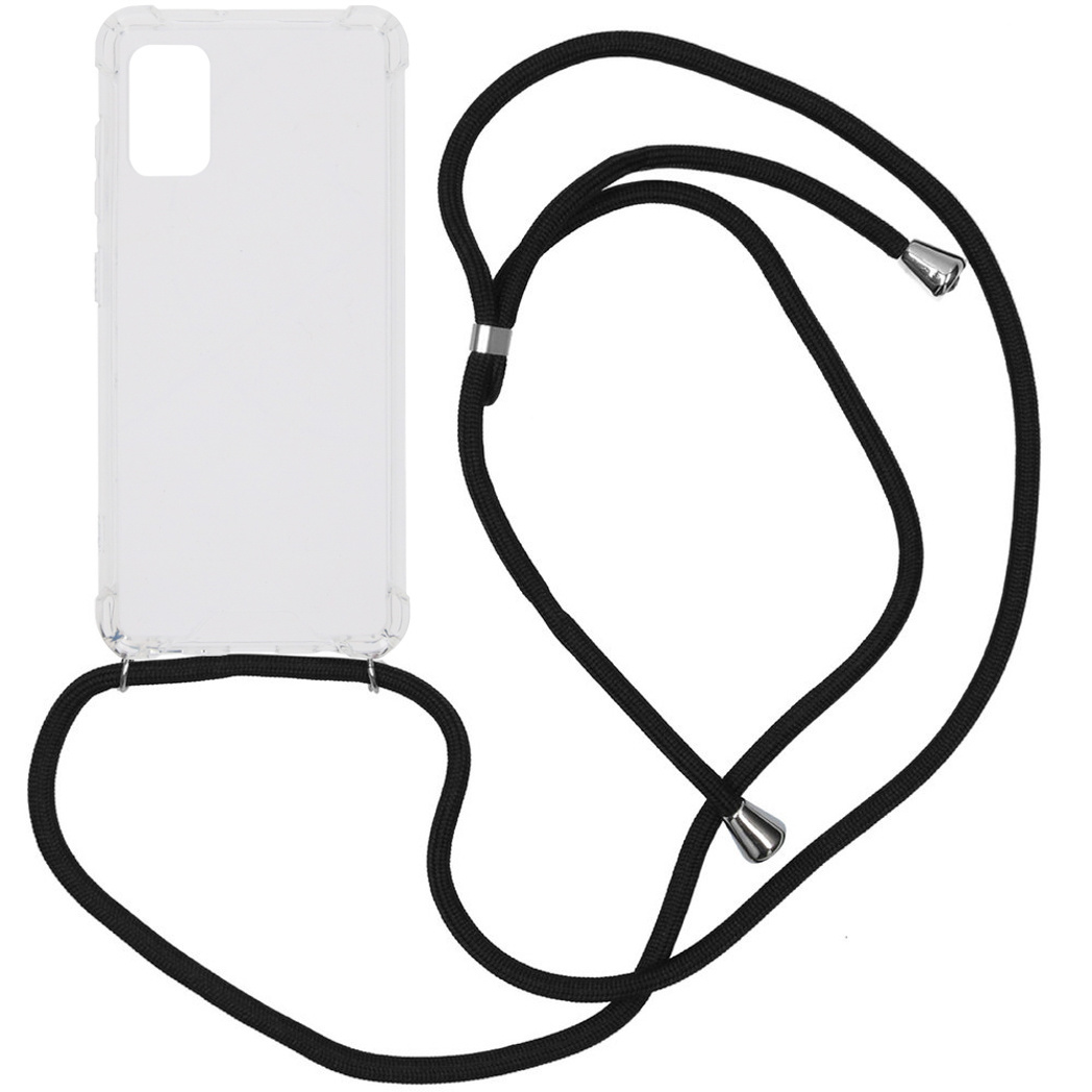 Transparante telefoonhoes met zwart koord. De hoes is links. Het koord is zwart en hangt naar beneden.