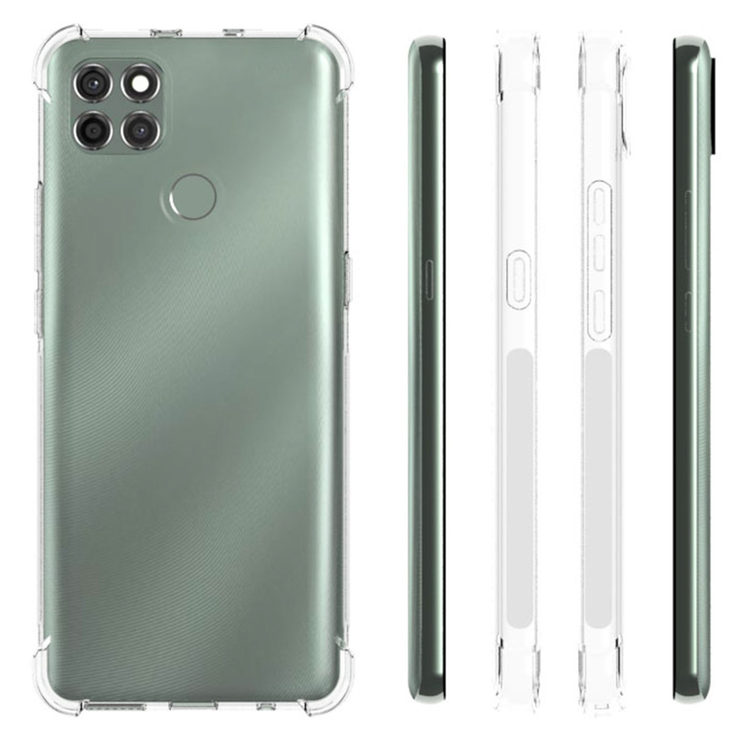 Coque de téléphone avec dos transparent et cadre vert, montrant les vues arrière et latérales.