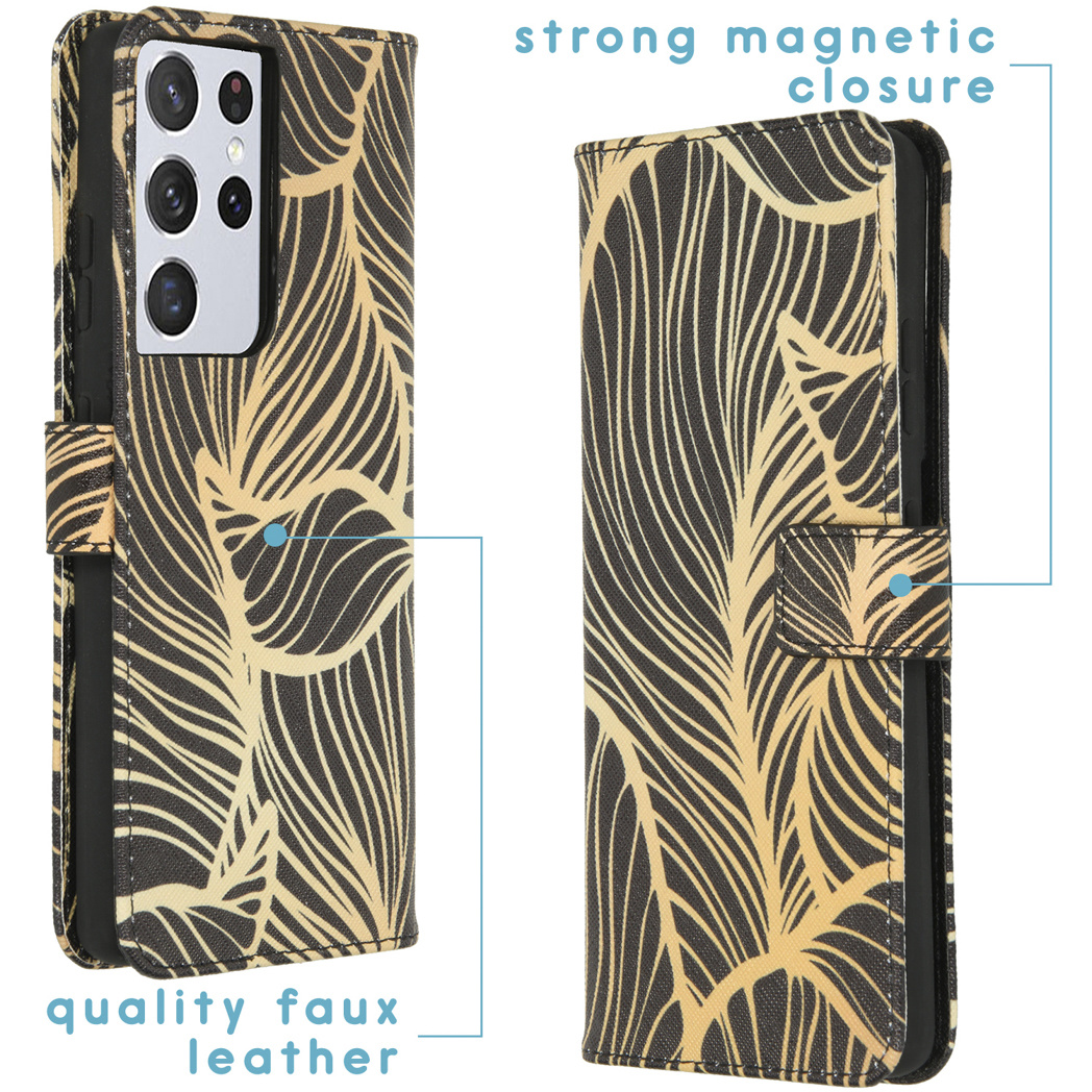 Telefoonhoesje met bladerpatroon, sterke magnetische sluiting en kwaliteitskunstleer.