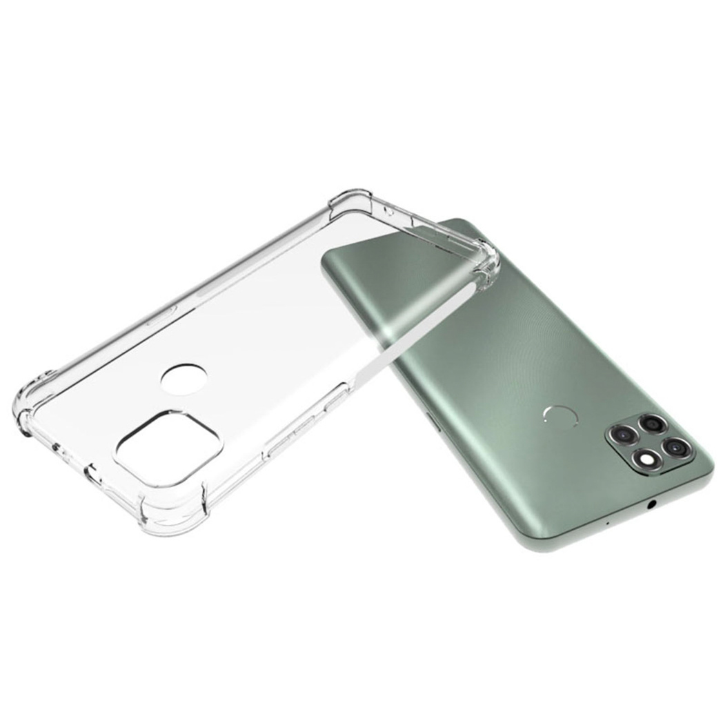 Une coque de téléphone en plastique transparent est au-dessus d'un téléphone vert. Les deux sont sur une surface blanche.