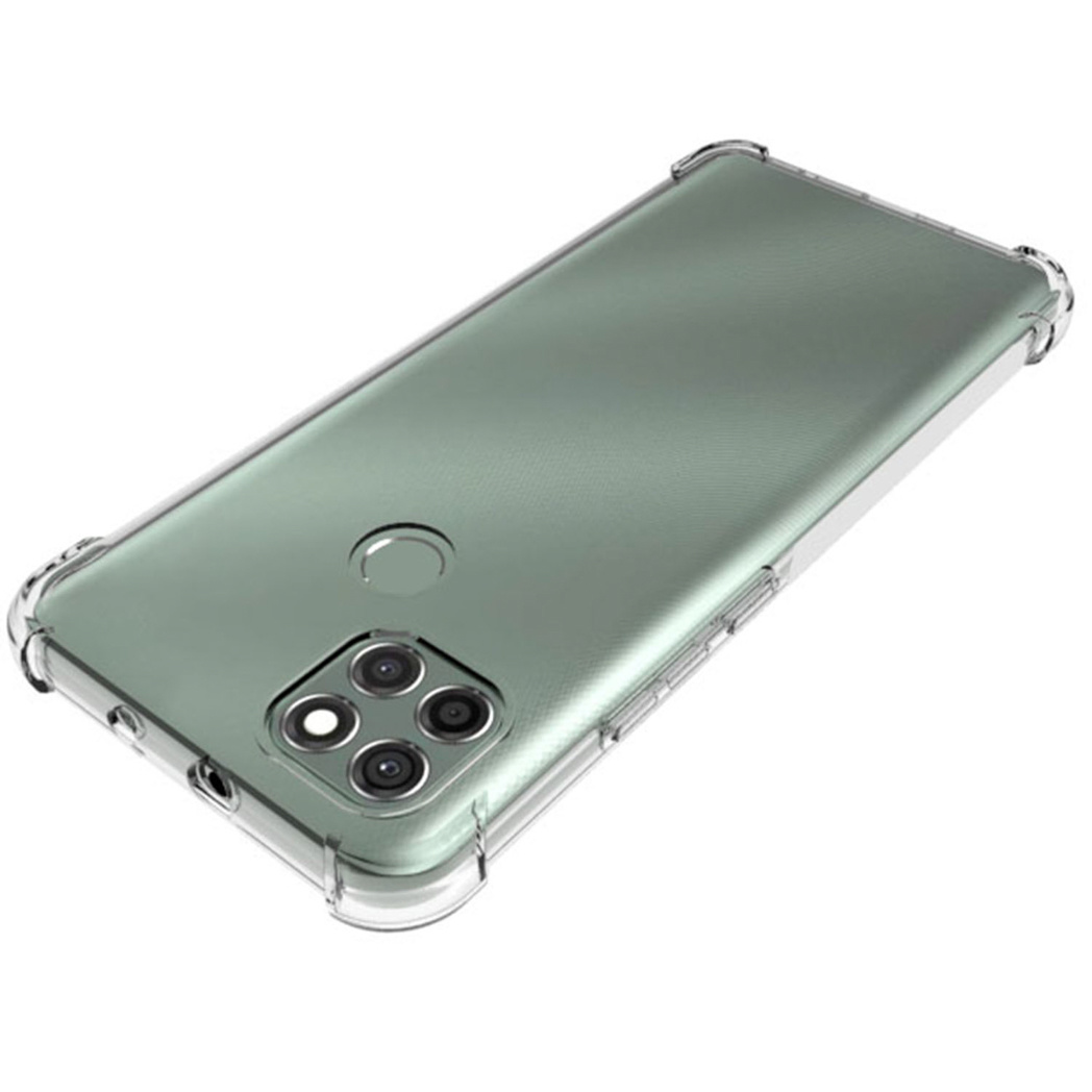 Une coque de téléphone transparente avec un téléphone à l'intérieur. Le téléphone a des caméras.
