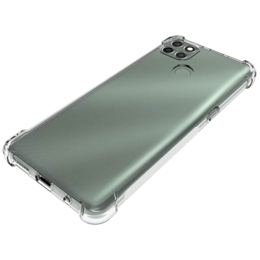 Une coque de téléphone transparente, montrant l'arrière du téléphone. Le téléphone est gris.