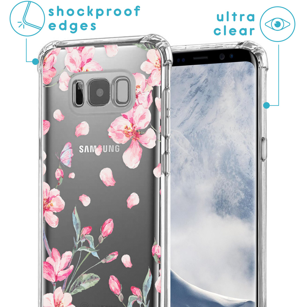 Coque de téléphone transparente avec motif floral rose. Bords antichoc et ultra clair. Téléphone Samsung visible.
