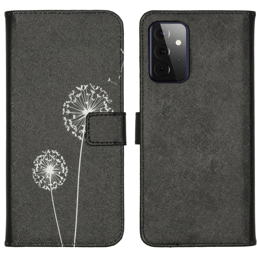 Coque de téléphone noire avec motif pissenlit. Deux pissenlits à gauche. Fond noir.