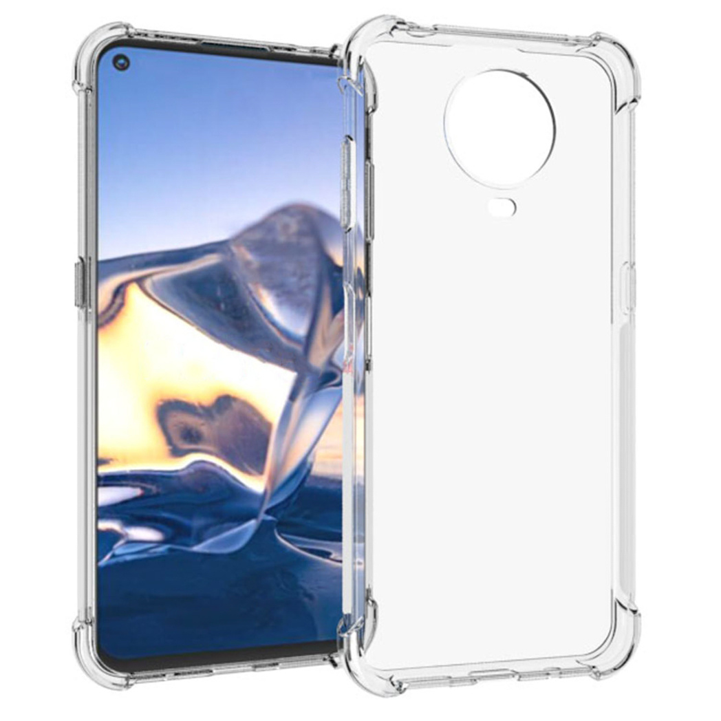 Transparante telefoonhoes met een telefoon erin. De telefoon heeft een scherm met een zonsondergang.