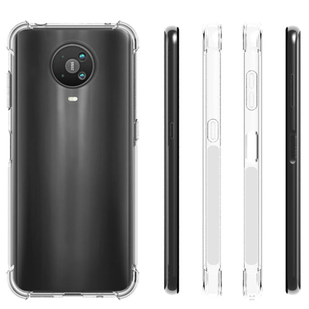 Transparante telefoonhoes met zwart frame, transparante achterkant en zijaanzichten.