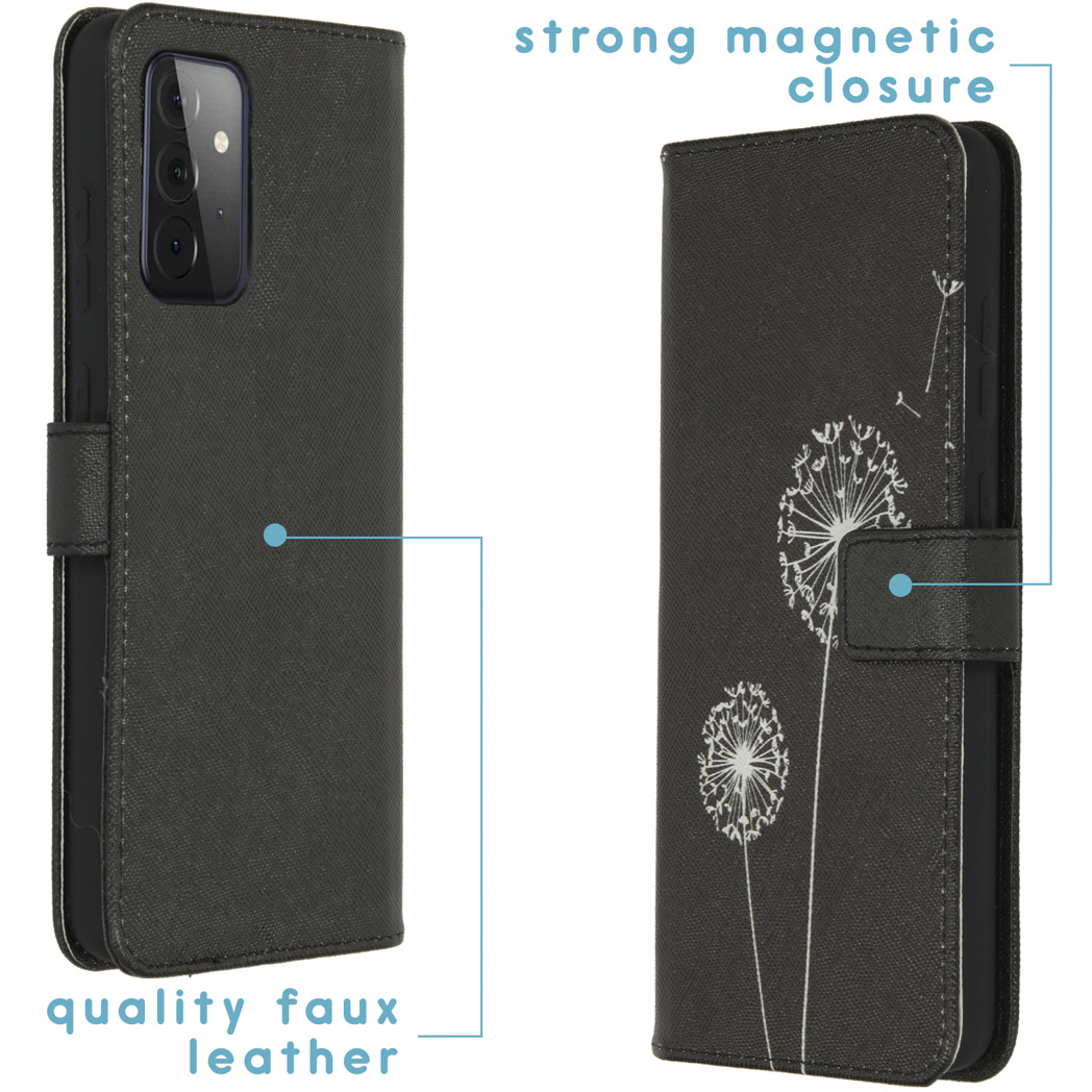 Coque de téléphone noire avec motif de pissenlit, fermeture magnétique solide et similicuir de qualité.