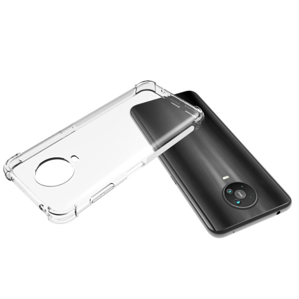 Transparante telefoonhoes en zwarte telefoon. De telefoon is grotendeels zwart met een ronde camera.
