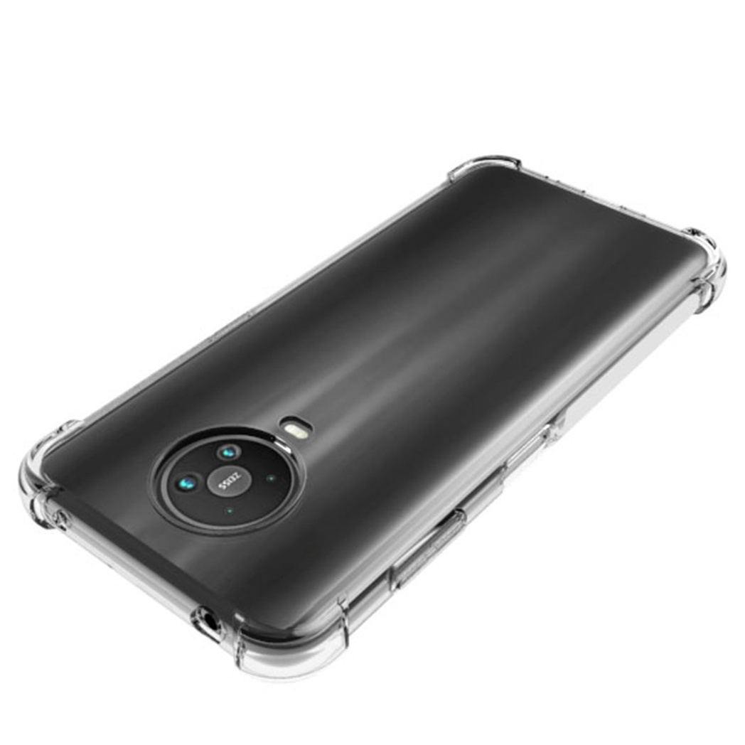 Transparante telefoonhoes, achteraanzicht. Met uitsparingen voor camera en knoppen.