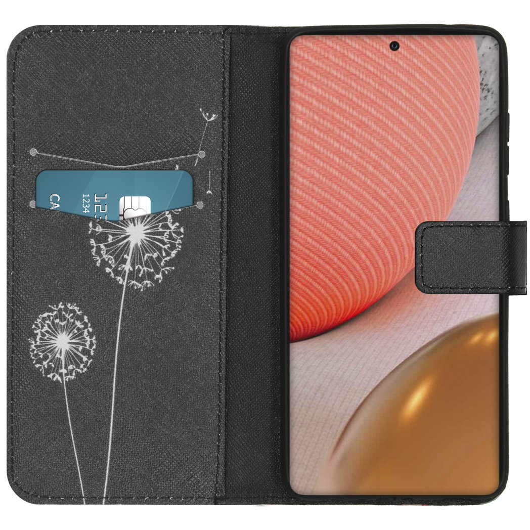 Coque de téléphone avec pissenlits et une carte de crédit. Le téléphone est dedans.