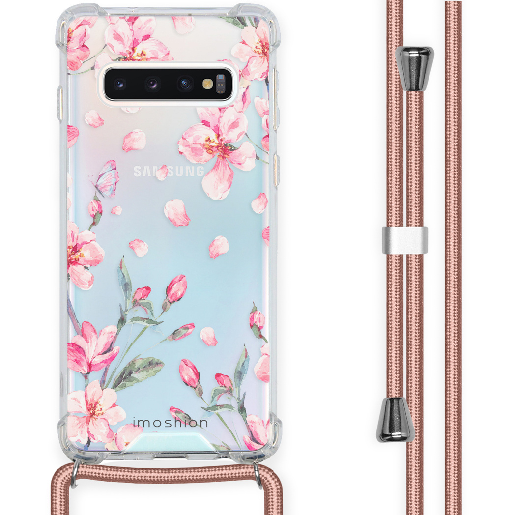 Coque de téléphone transparente avec un motif floral et une sangle rose. Le téléphone affiche un logo Samsung.