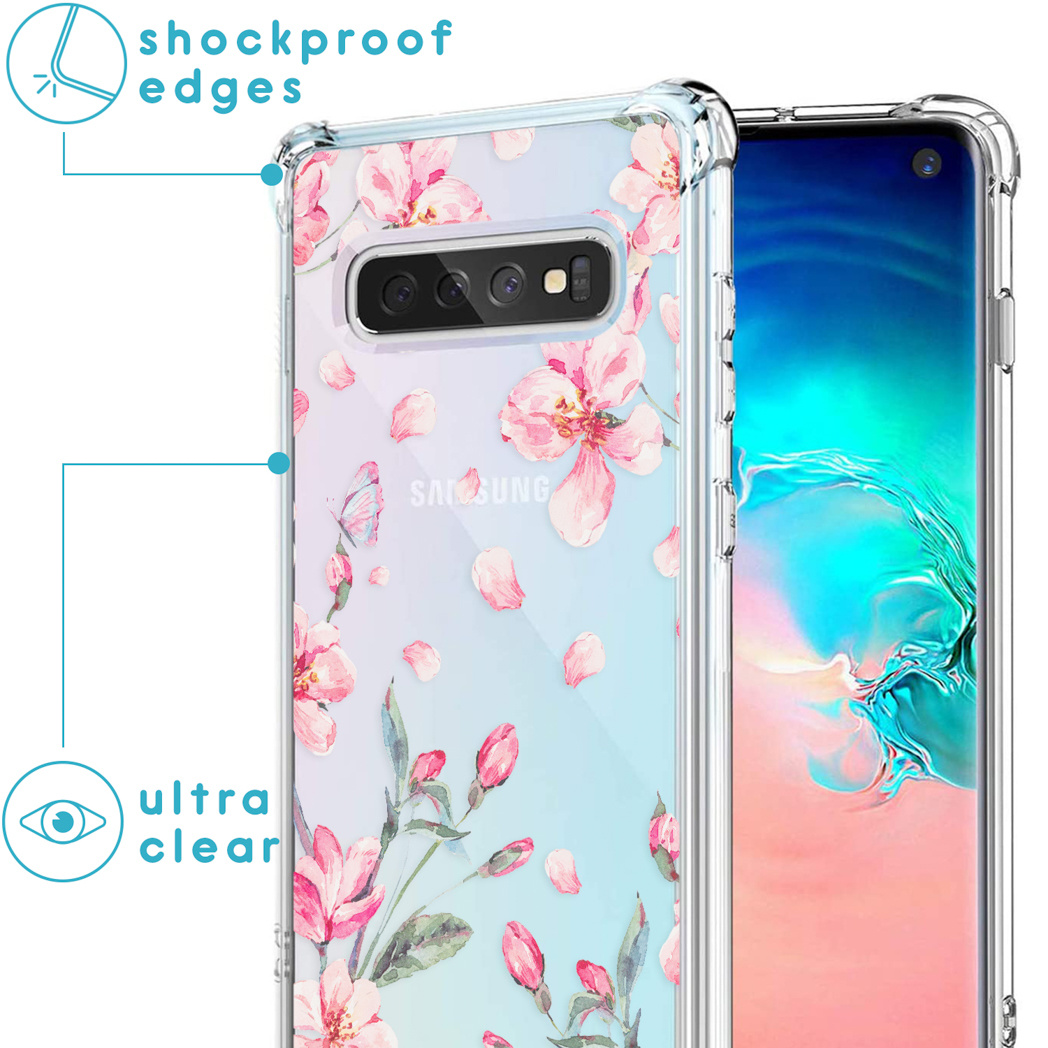 Coque transparente avec motif floral et bords antichoc sur un téléphone.