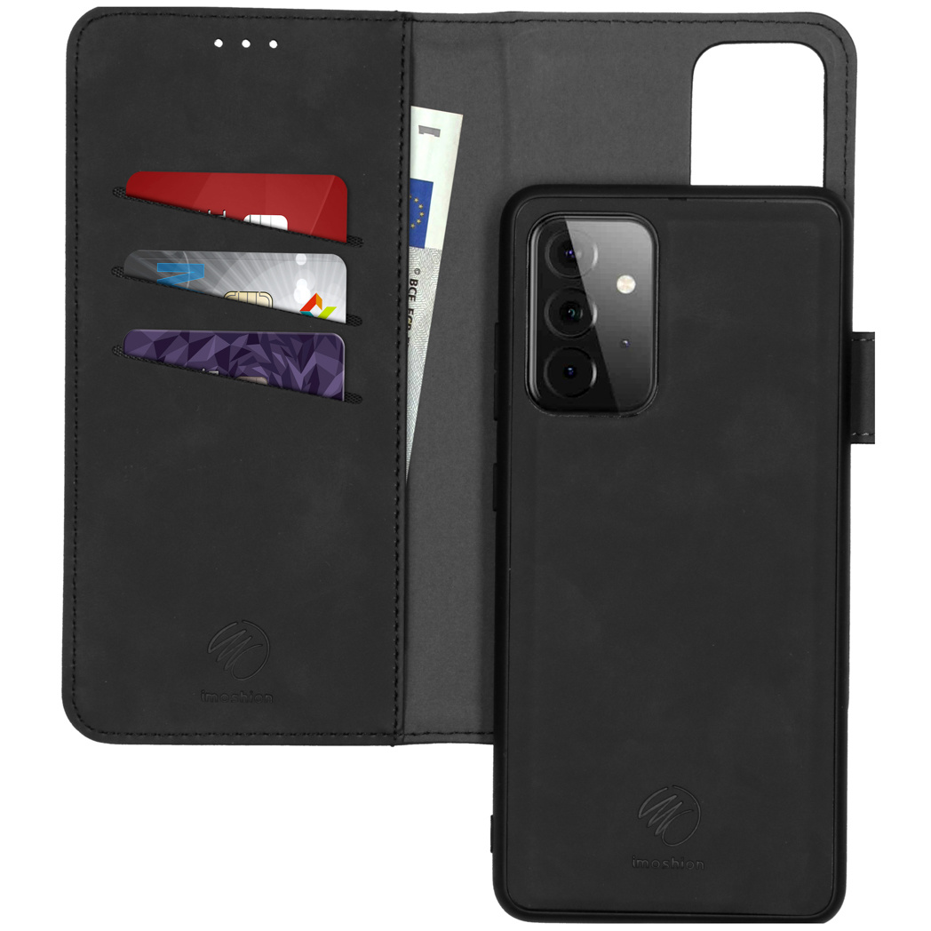 Étui portefeuille noir avec emplacements cartes, un téléphone et le logo 'imoshion'.