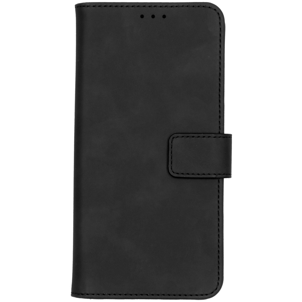 Coque de téléphone en cuir noir, fermée. Possède une fermeture à bouton. L'étui est pour un téléphone.