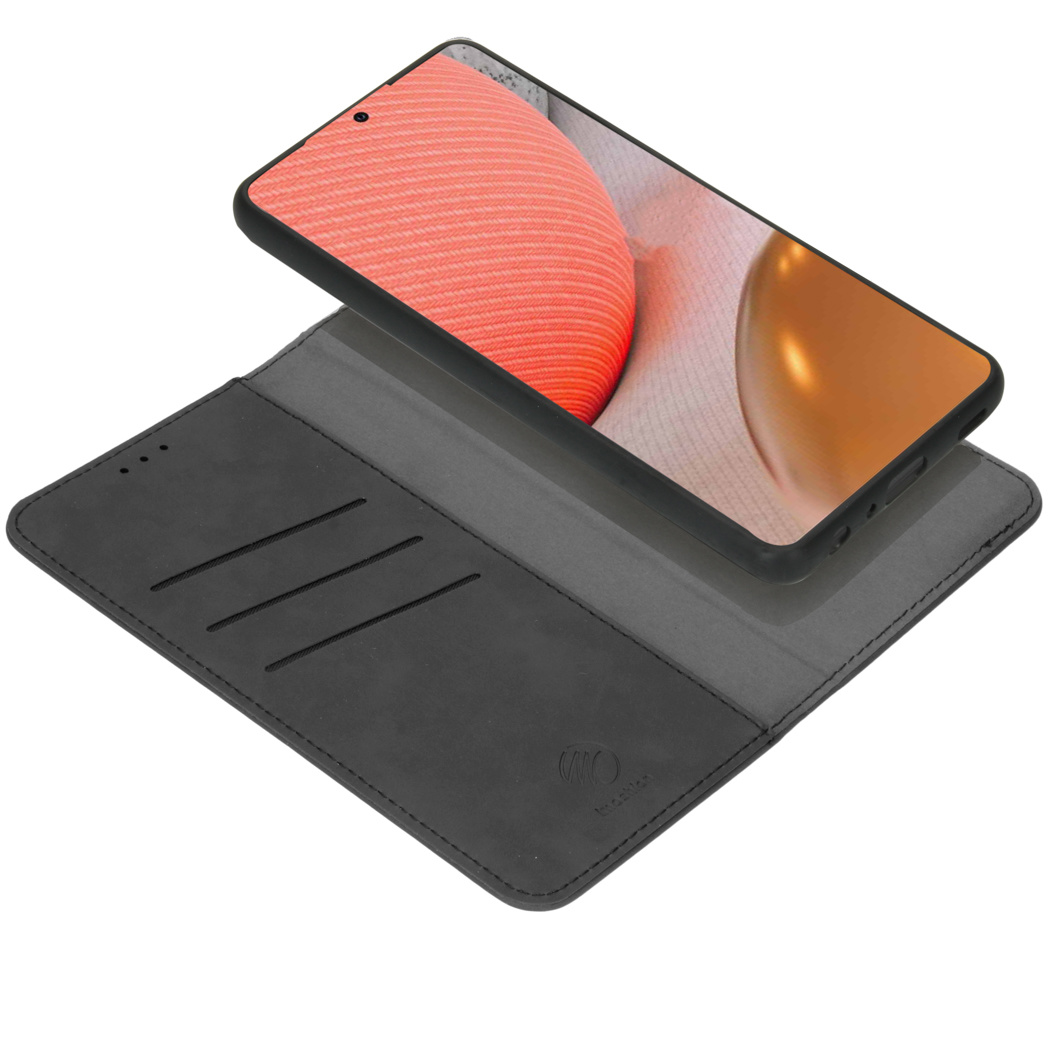 Coque de téléphone noire ouverte, montrant un téléphone avec un dos rouge. Cartes et argent dans la coque.