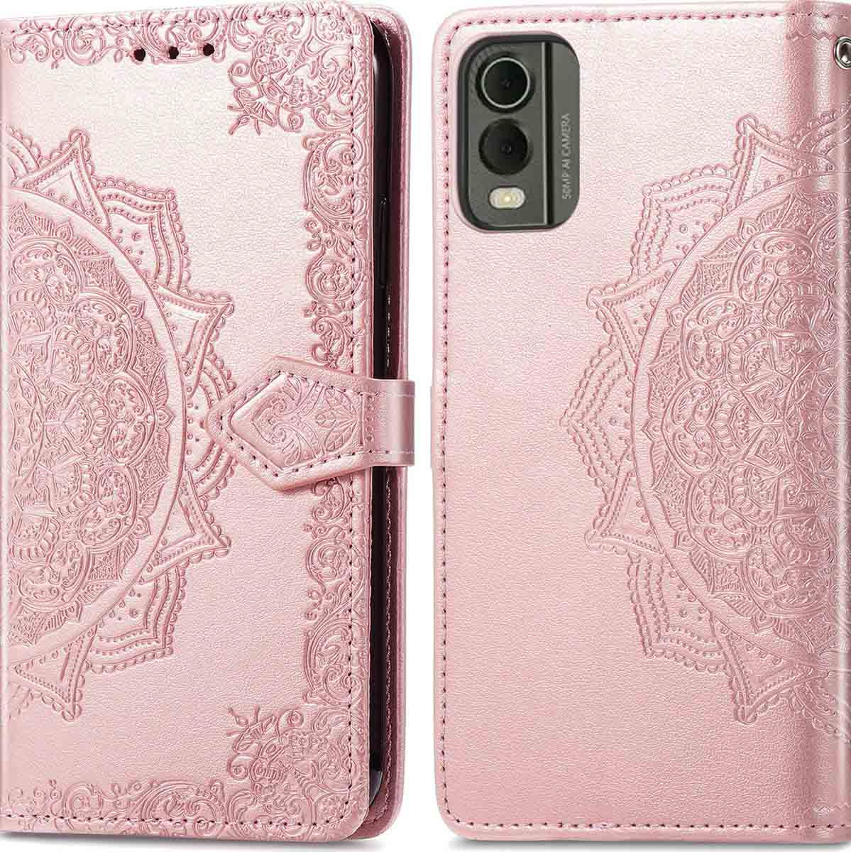 Étui portefeuille rose avec un motif mandala sur le devant.