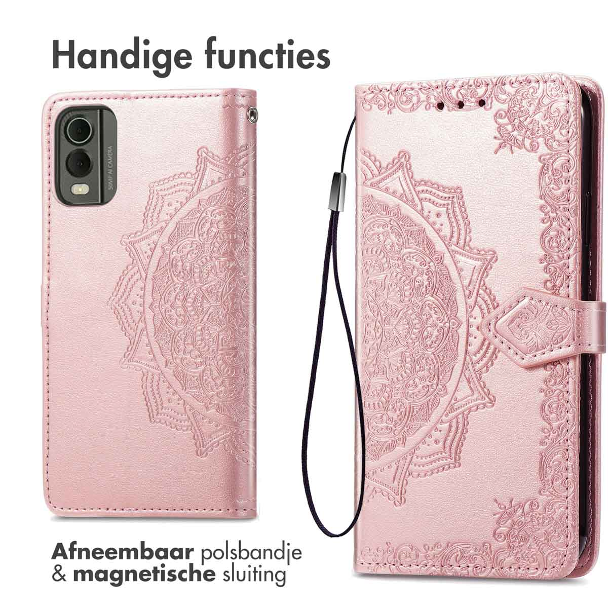 Étui de téléphone rose avec motif mandala, une dragonne amovible et les mots 'Handige functies'.