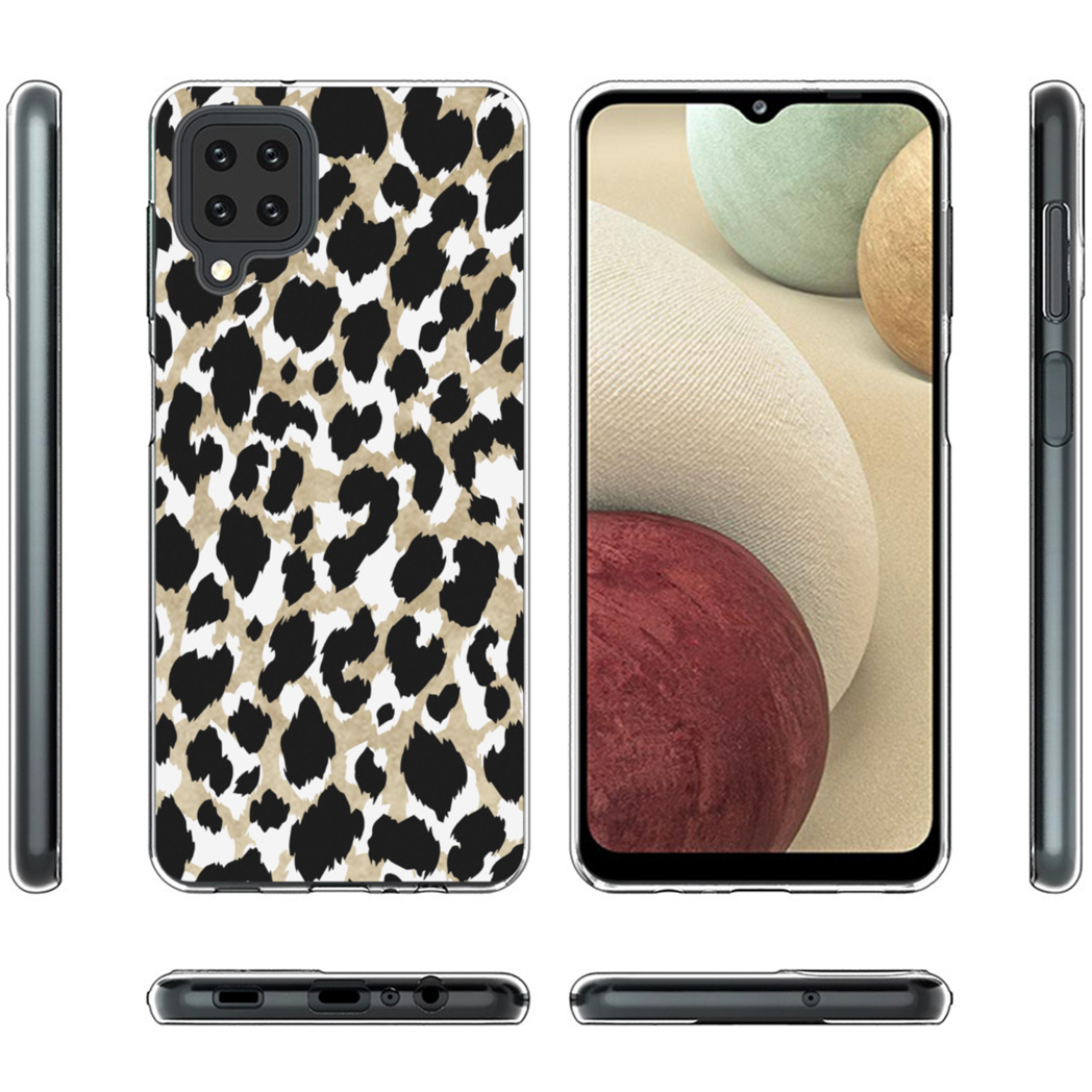 Coque de téléphone avec un motif léopard. Les vues latérales montrent les bords et les boutons du téléphone.