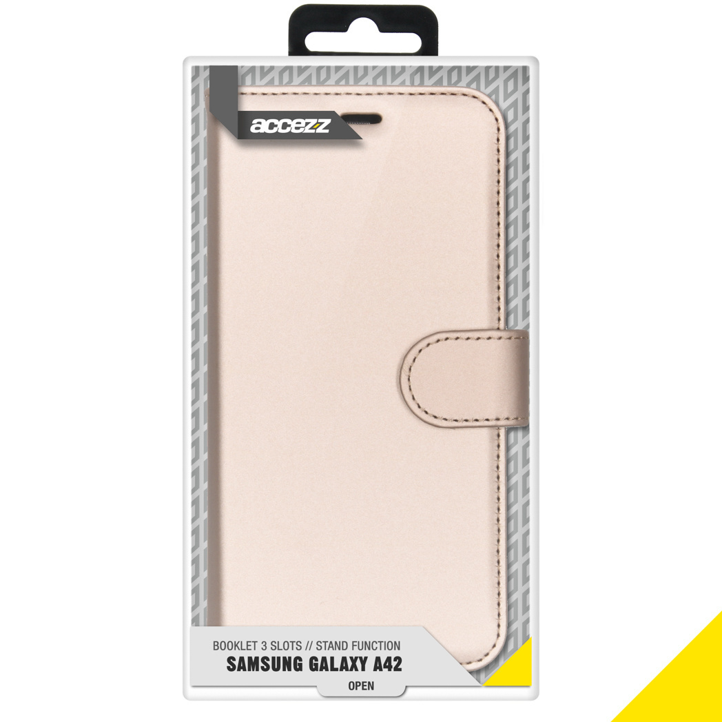 Roze telefoonhoes in verpakking voor Samsung Galaxy A42, met boekje en standfunctie.