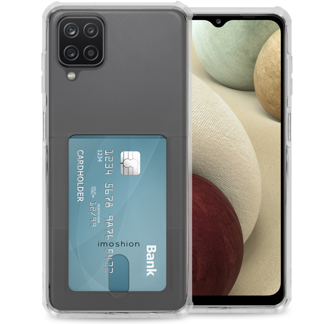 Une coque de téléphone transparente avec une carte de crédit à l'intérieur. Le téléphone montre son écran.