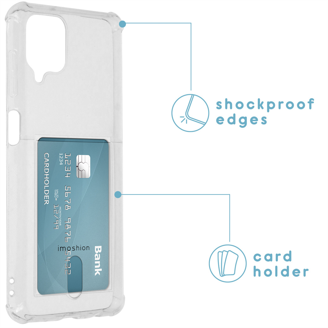 Coque de téléphone transparente avec un porte-cartes contenant une carte de crédit. Elle a des bords antichoc.