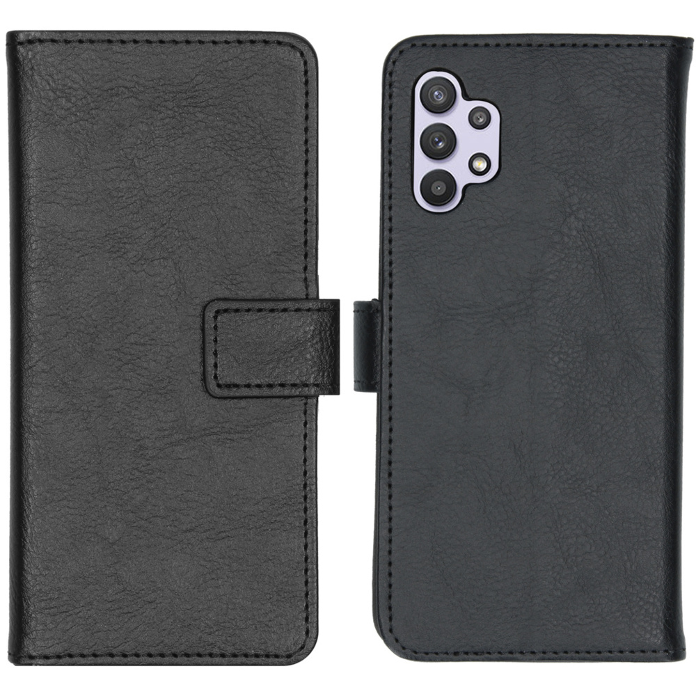 Étui de téléphone noir, présenté ouvert et fermé, avec la caméra du téléphone visible à droite.