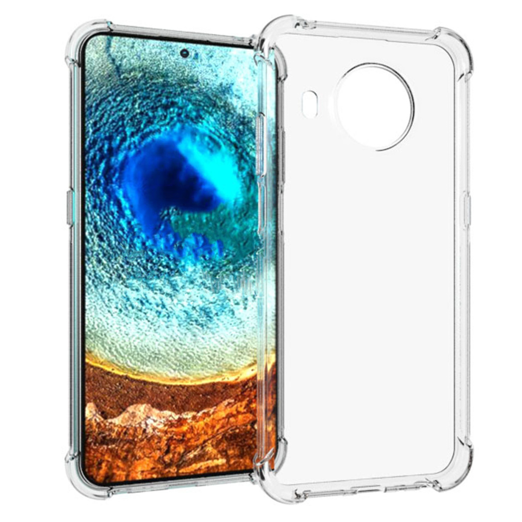 Transparente Handyhülle. Das Telefon darin zeigt ein farbenfrohes Bild.