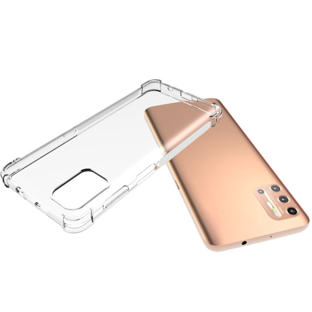 Custodia trasparente per telefono con telefono oro, la custodia è aperta. Il telefono e la custodia sono su sfondo bianco.