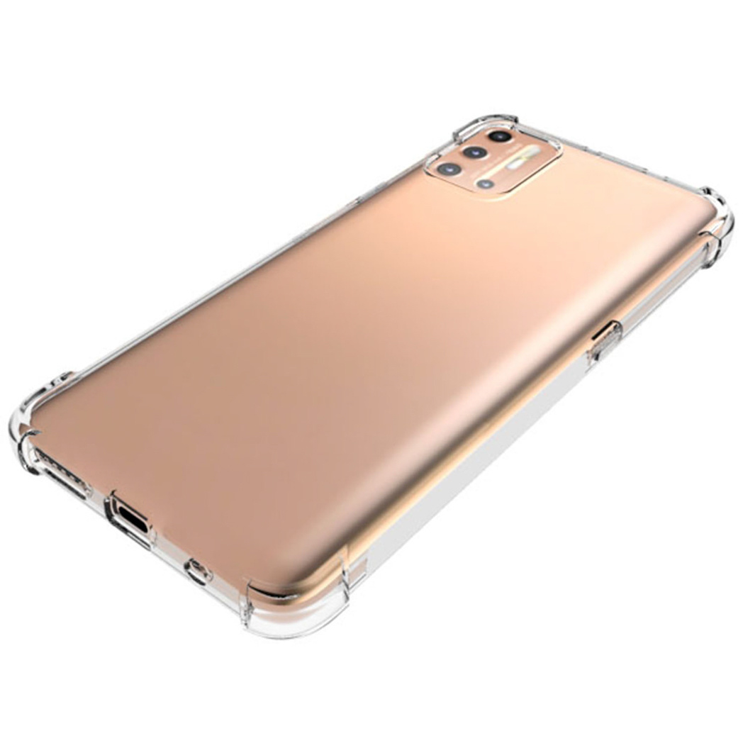 Custodia trasparente per telefono su un telefono dorato. La custodia è trasparente, mostrando il design del telefono.