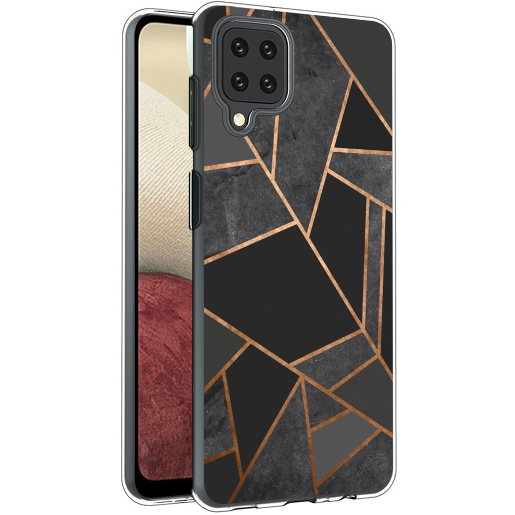 Zwart-grijze telefoonhoes met een geometrisch patroon, die de telefoon laat zien die erin is gestoken.