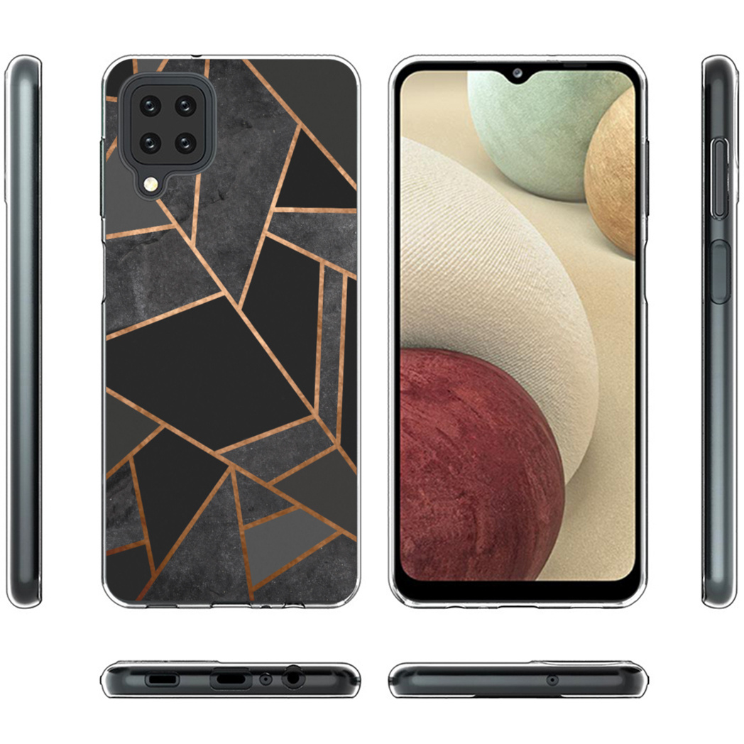 Een telefoon in een hoesje. De hoes heeft een zwart-grijs geometrisch patroon. Het scherm is zichtbaar.