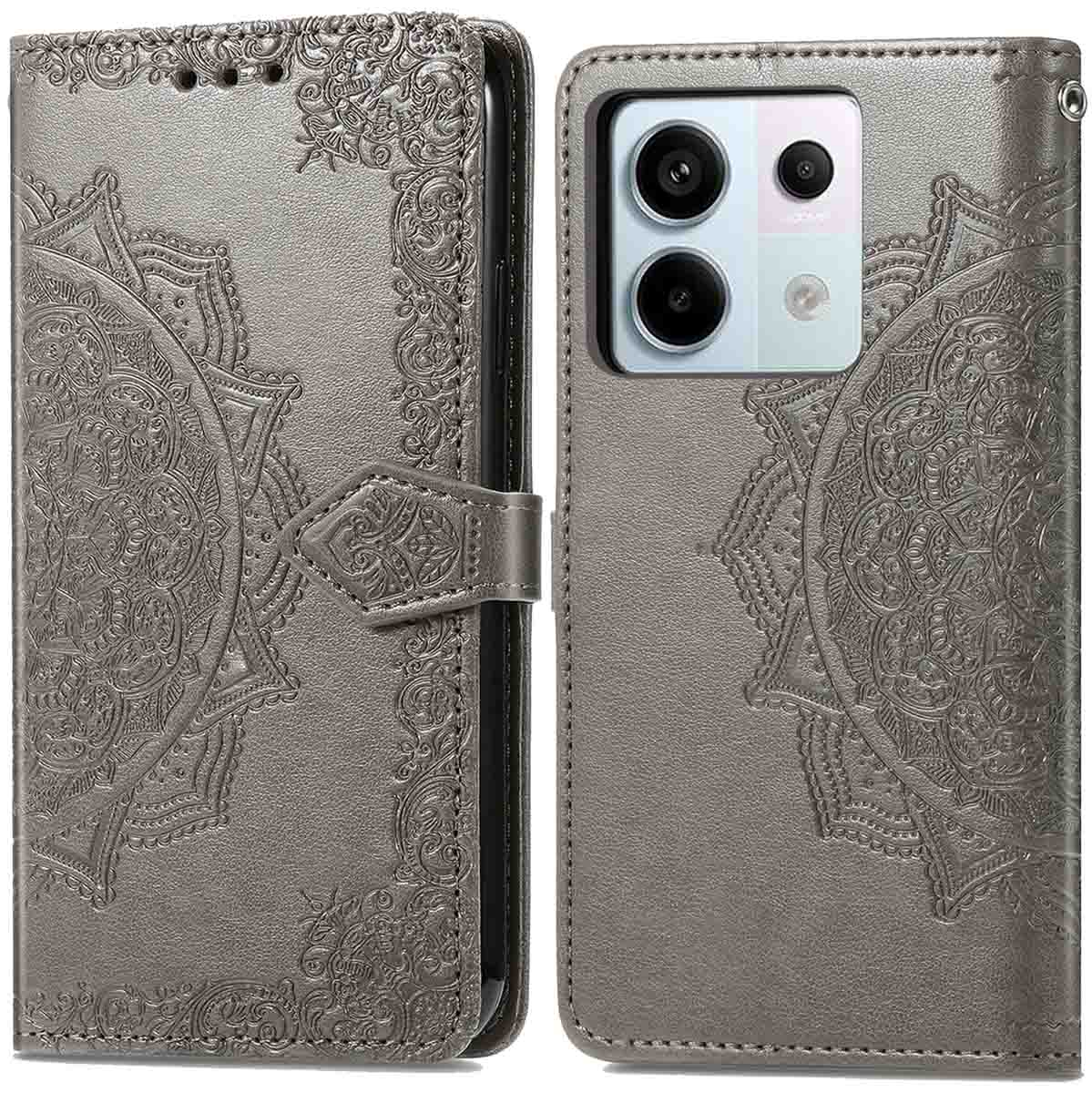 Étui de téléphone gris avec un motif mandala, ouvert pour révéler le téléphone. Bords floraux décoratifs.