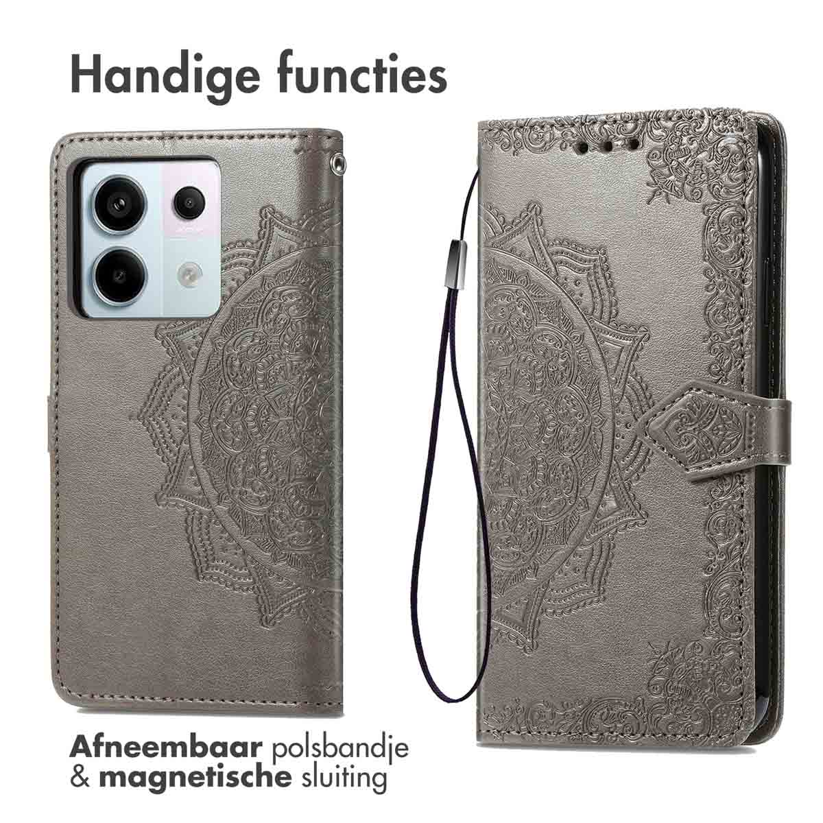 Étui de téléphone gris avec motif mandala ouvert. L'étui a une dragonne amovible et une fermeture magnétique.