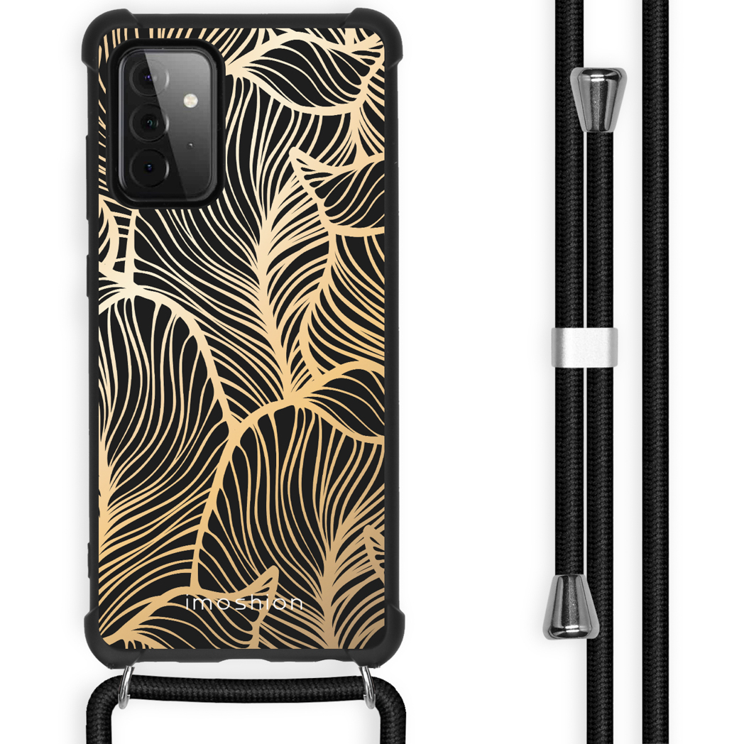 Zwarte telefoonhoes met goudkleurig blad design en een zwart koord.