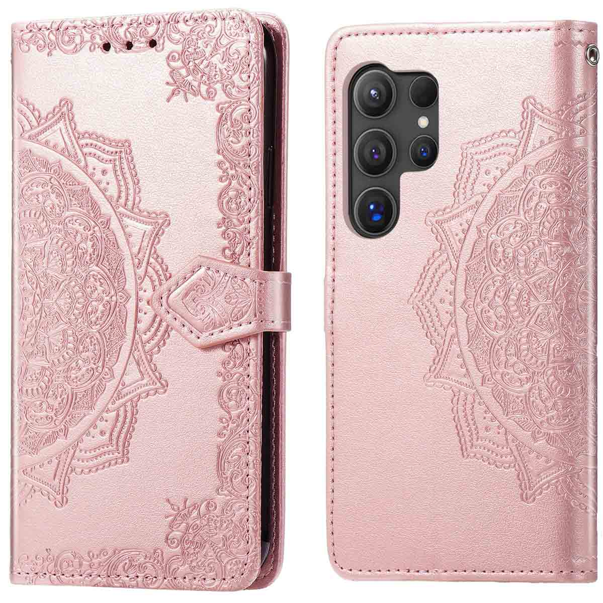 Roze telefoonhoes, reliëf mandala ontwerp. Open en gesloten weergaven, met camera-uitsparingen.