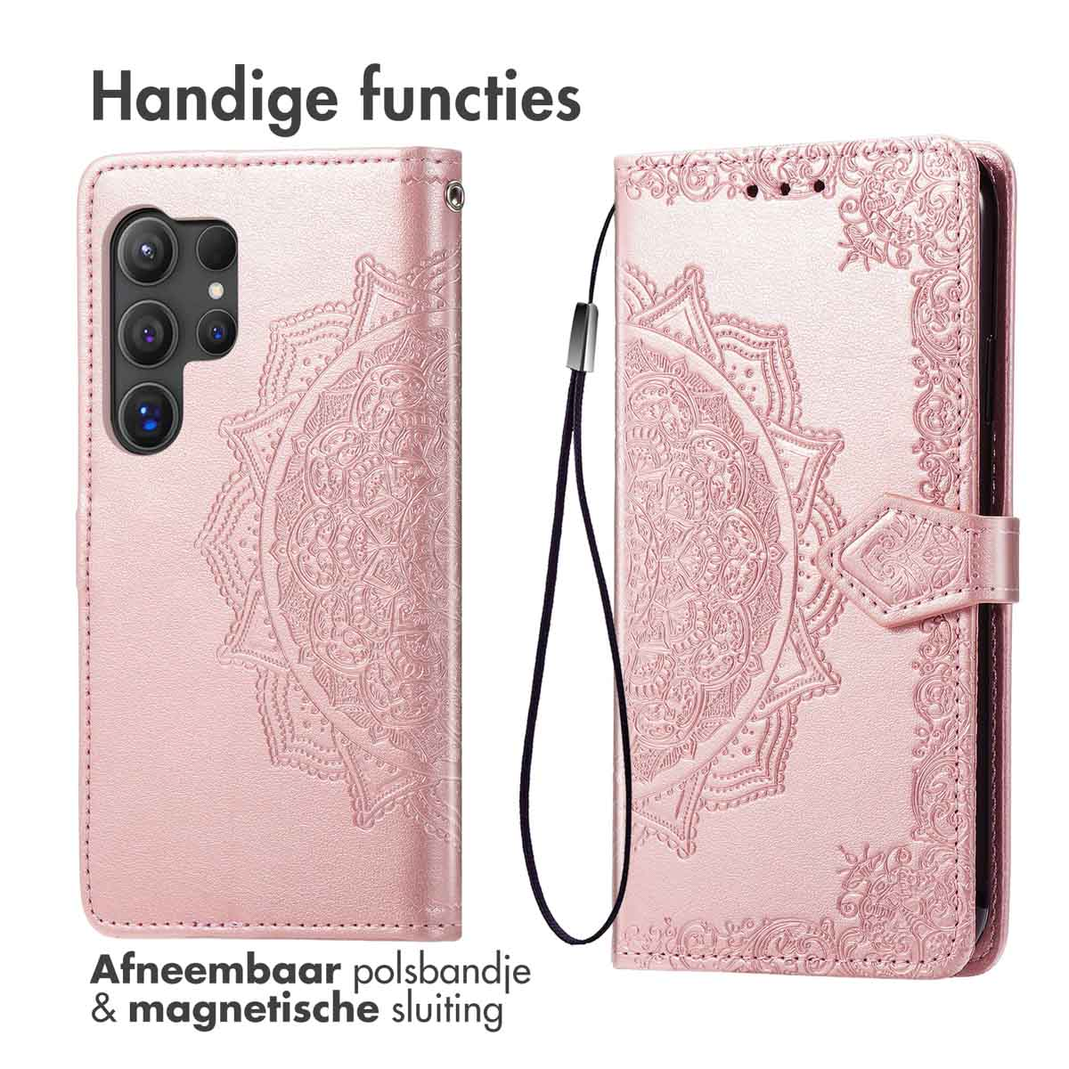 IMOSHION Mandala Bookcase - Geschikt voor Samsung Galaxy S25 Ultra - Telefoonhoesje voor Samsung Samsung Galaxy S25 Ultra Rosé goud